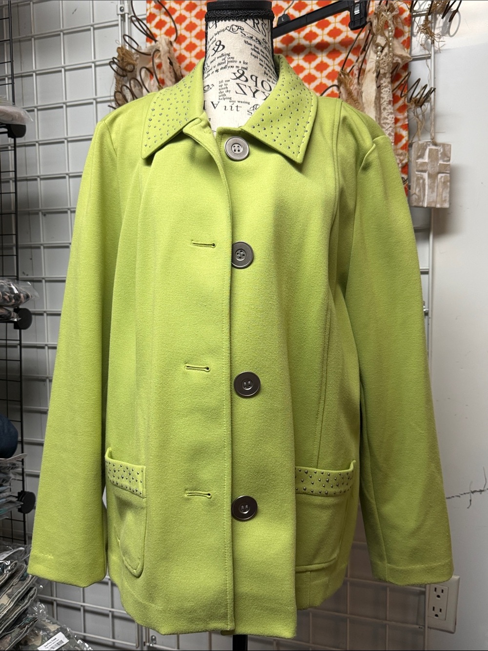 JM Collection Lime Green Stud-Trim Button Front Pea Coat